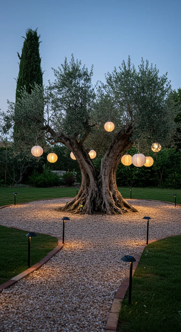 Vieil olivier décoré de lampions en papier suspendus et éclairé par des spots.