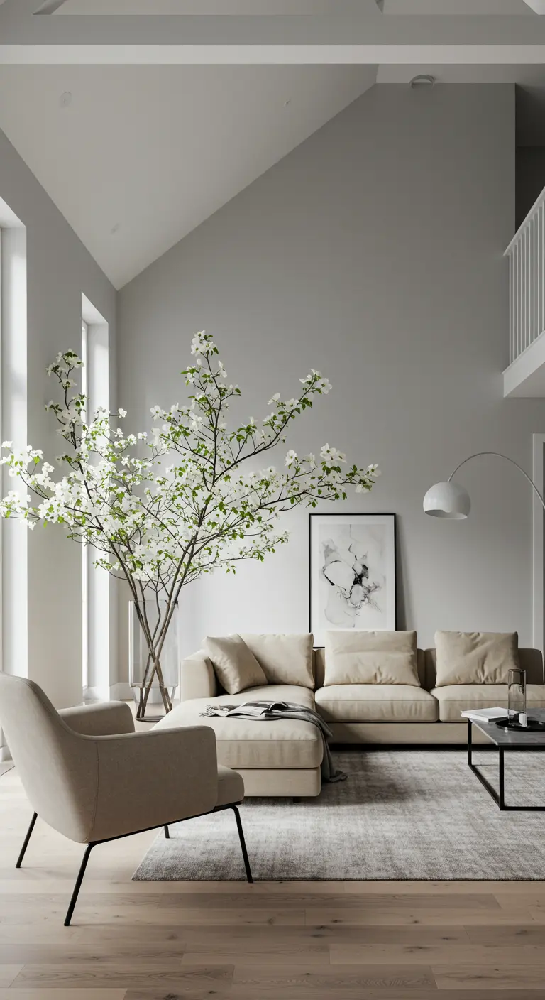 Salon à haut plafond avec un grand arbre en fleurs à l'intérieur près du canapé