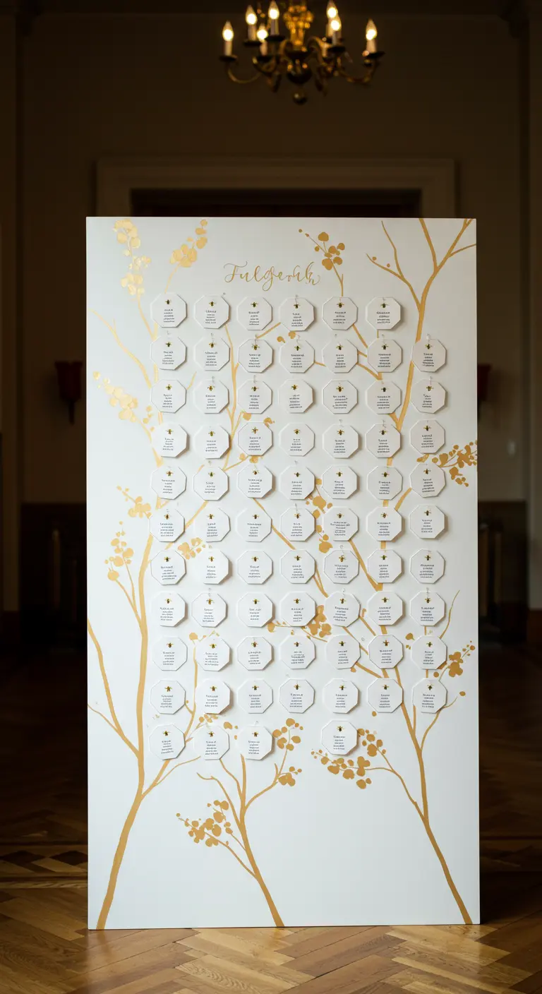 Plan de table blanc avec un arbre peint en or et des cartons nominatifs hexagonaux.