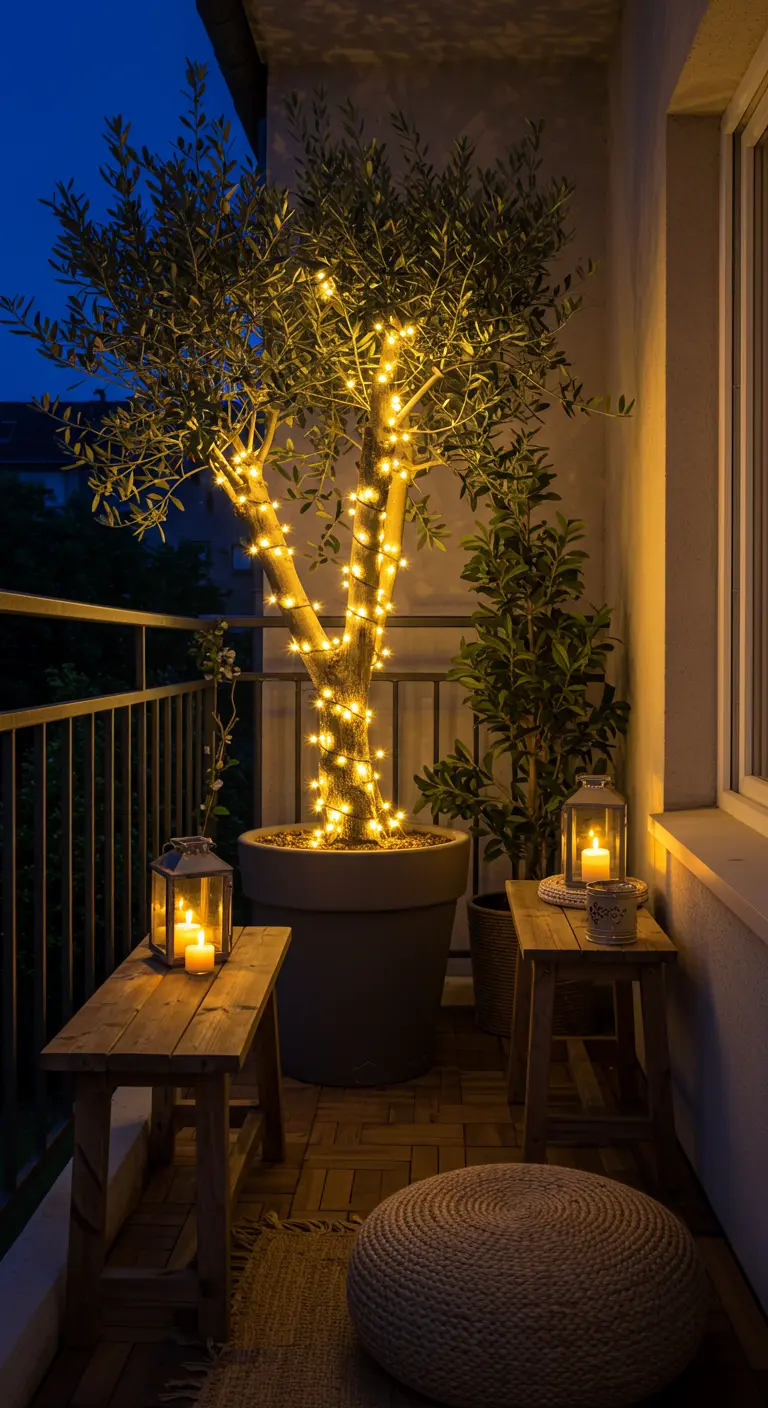 Un olivier en pot sur un balcon, son tronc et ses branches sont enroulés de guirlandes.
