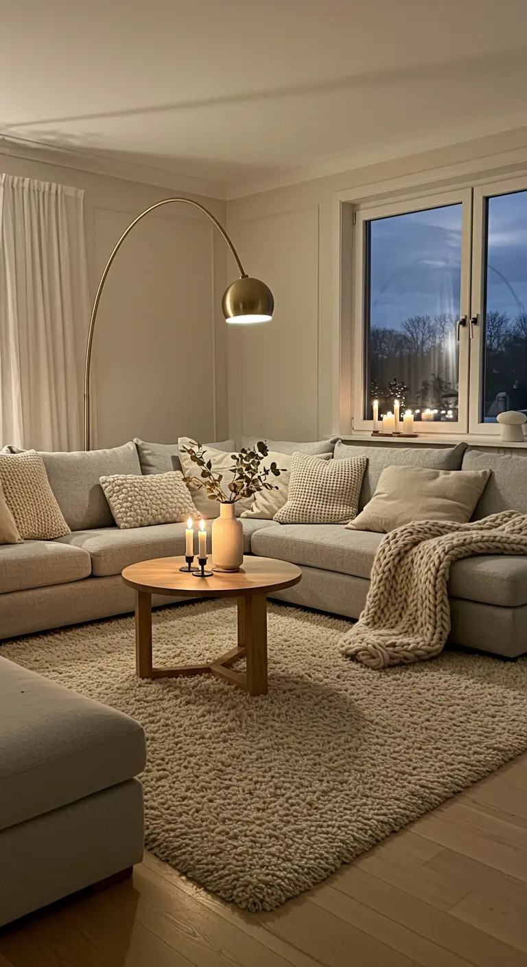 Salon cocooning avec canapé d'angle gris, tapis épais et lampadaire arc doré.