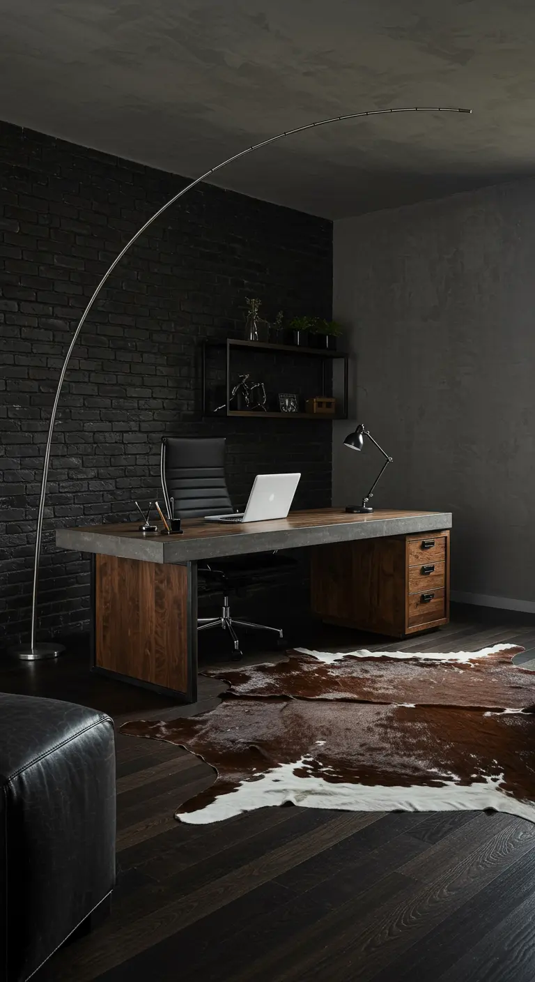 Bureau industriel sombre avec un grand lampadaire arc et une peau de vache au sol.