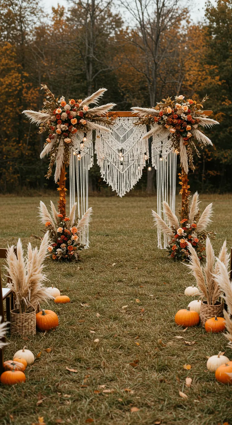 Arche de cérémonie bohème avec macramé, pampas et fleurs d'automne.