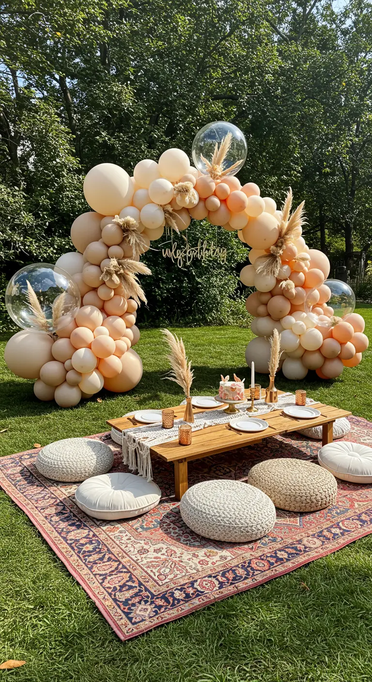 Arche de ballons nude et pêche avec herbe de la pampa pour un pique-nique bohème chic.