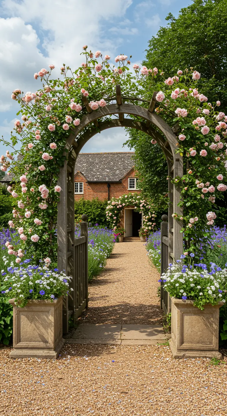 Arche de jardin en bois couverte de rosiers roses, avec des jardinières en pierre.
