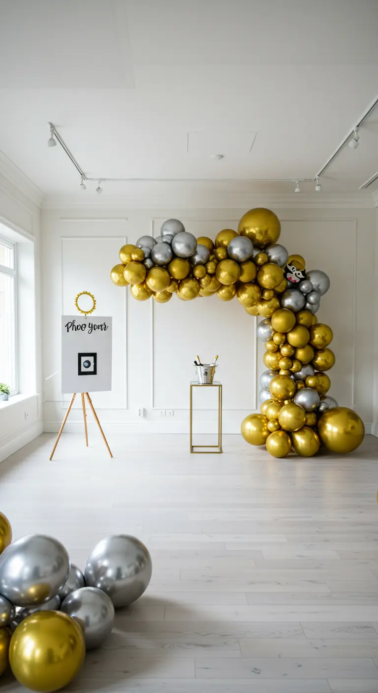 Arche de ballons moderne et asymétrique en or et argent dans une pièce blanche minimaliste.