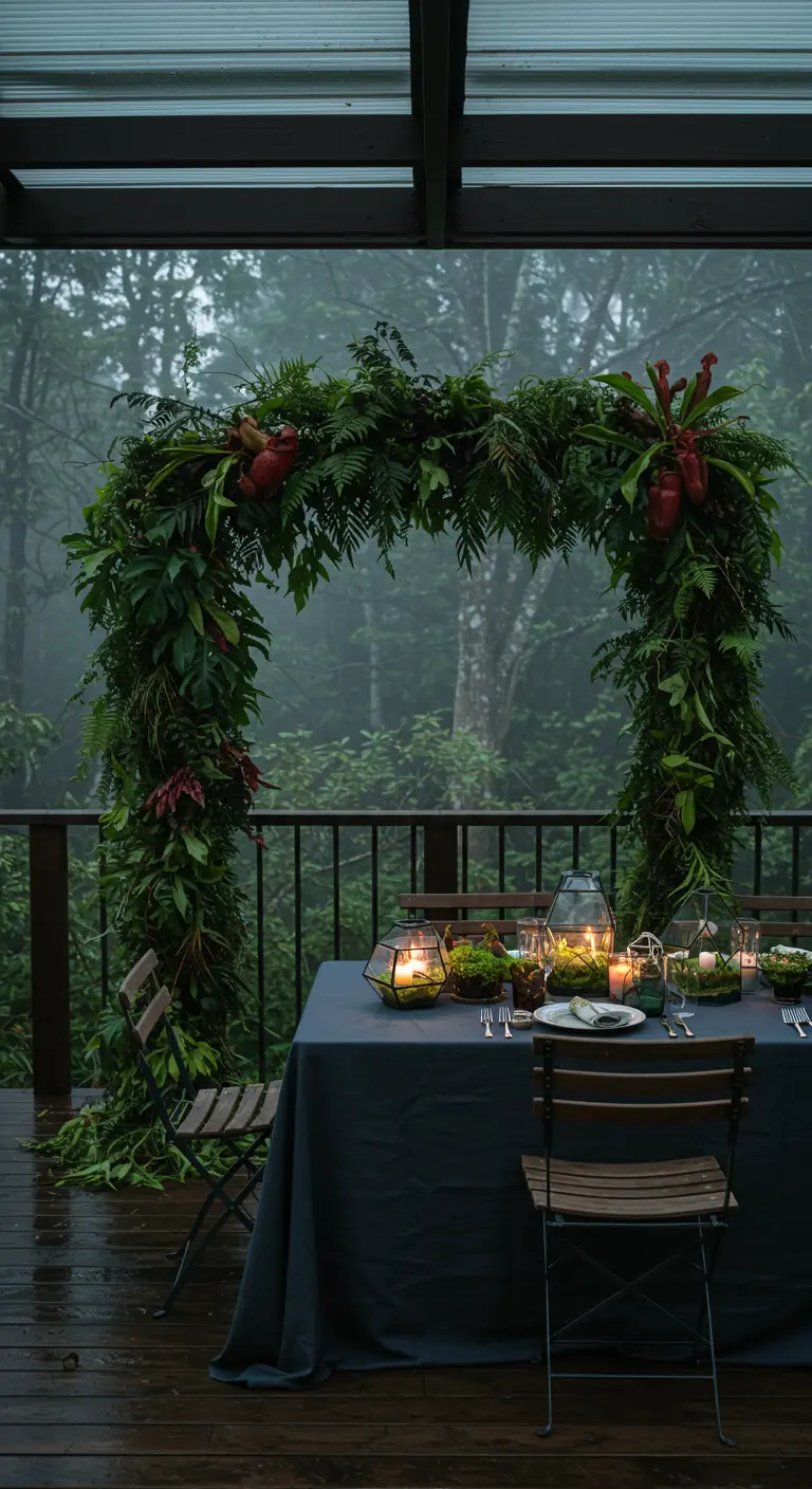 Arche de feuillage dense et sombre sur un balcon avec vue sur la forêt.