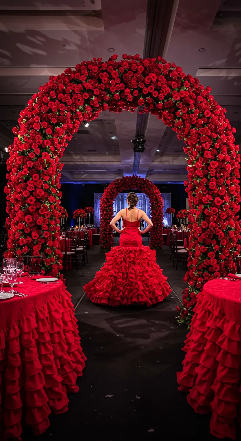 Femme en robe rouge devant une arche monumentale de roses rouges.