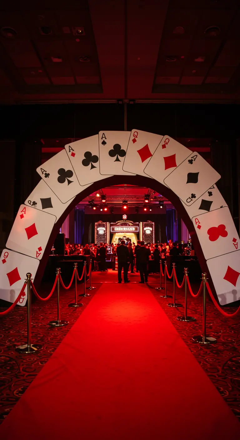Arche géante faite de cartes à jouer menant à une salle de fête.