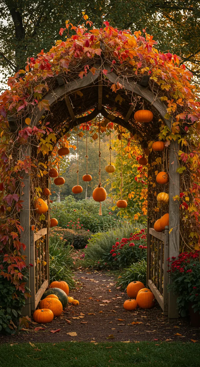 Une arche de jardin en bois recouverte de lierre et de citrouilles suspendues.