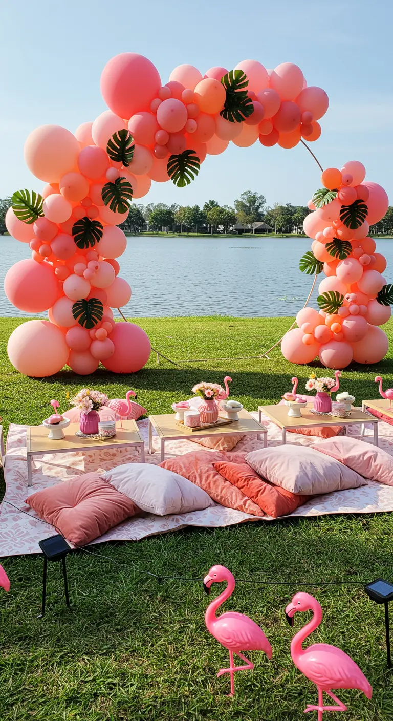 Arche de ballons roses et corail avec feuilles de Monstera pour un pique-nique.