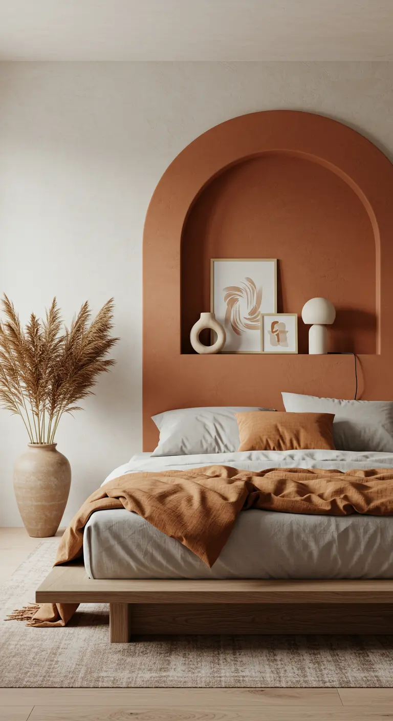 Une niche en forme d'arche couleur terracotta creusée dans le mur derrière le lit.