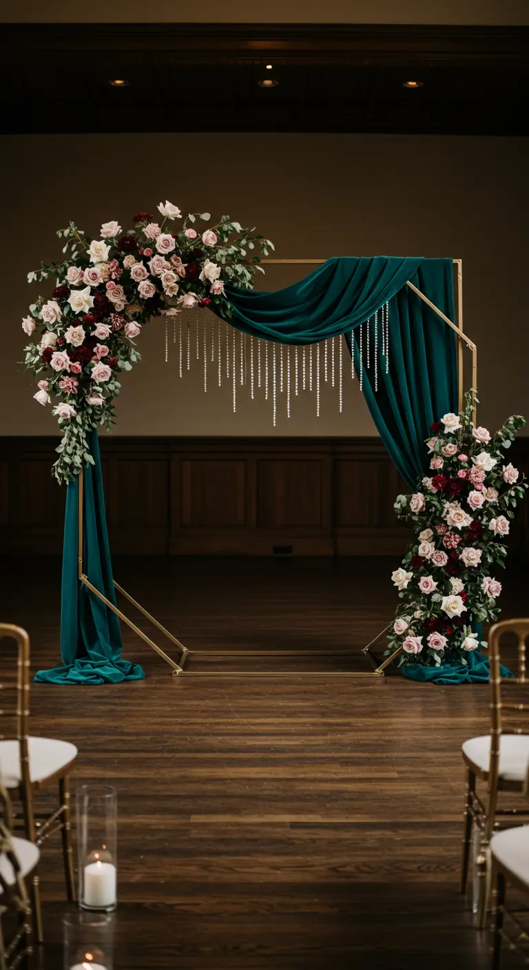 Arche géométrique dorée avec roses rouges/roses, drapé velours vert émeraude et guirlandes de perles.