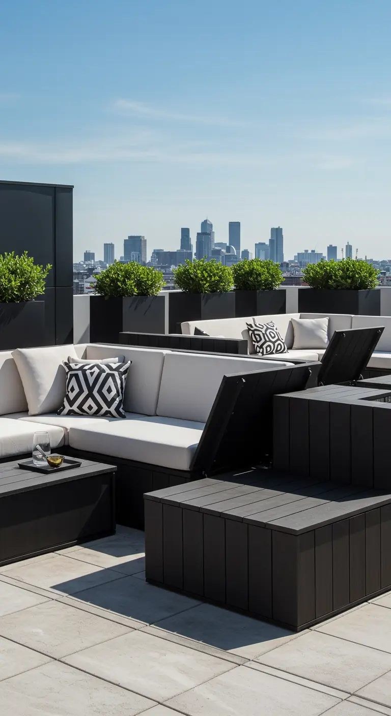 Banquette modulaire blanche et noire avec rangements sur un rooftop moderne.