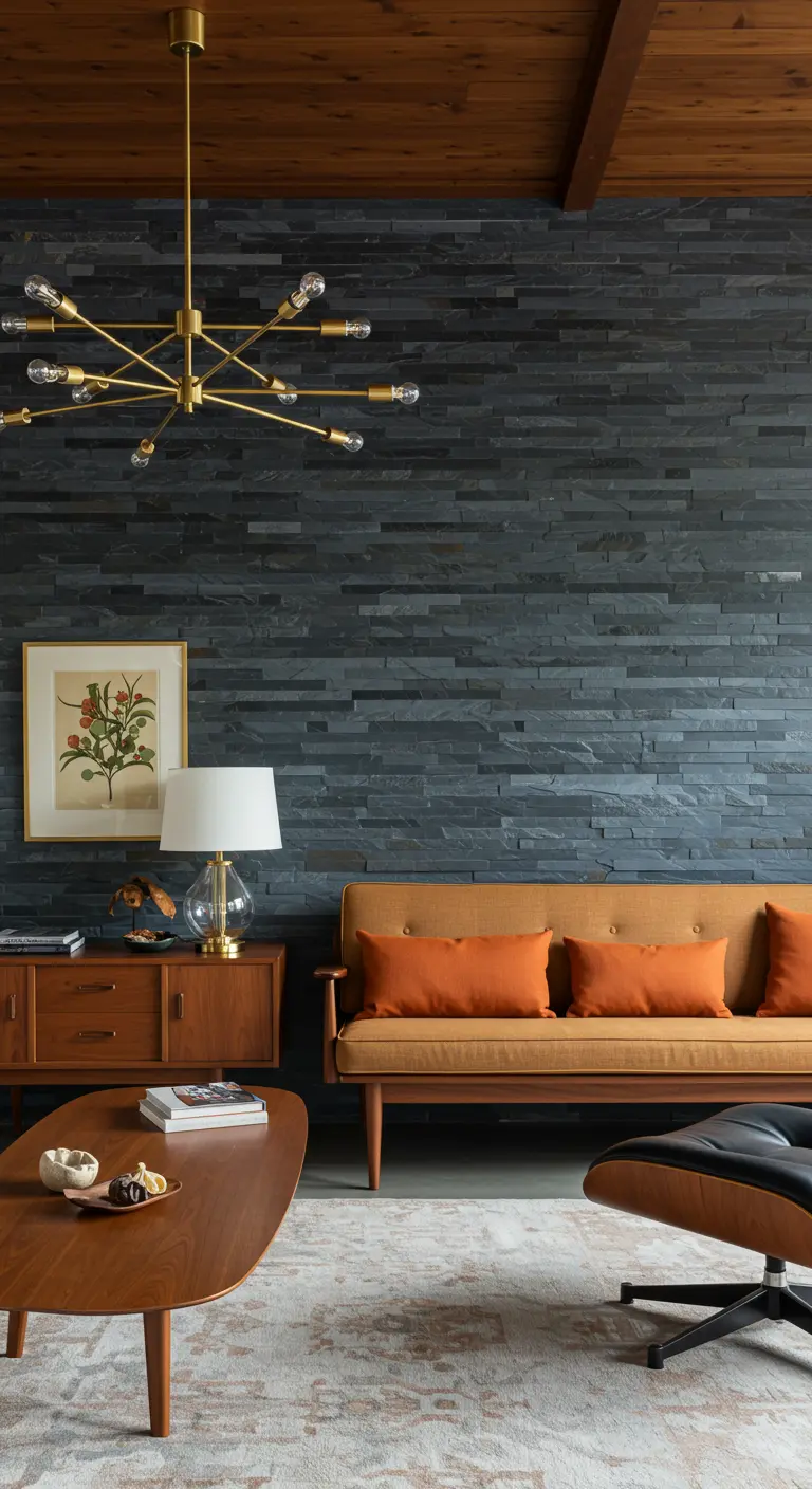 Salon mid-century avec un mur d'accent en ardoise sombre et un mobilier en bois clair.