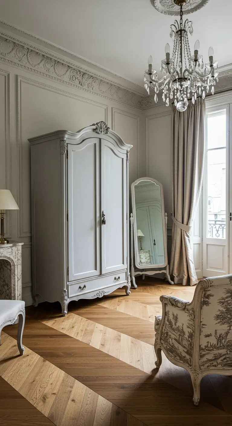 Armoire de style ancien dans une chambre d'inspiration haussmannienne.