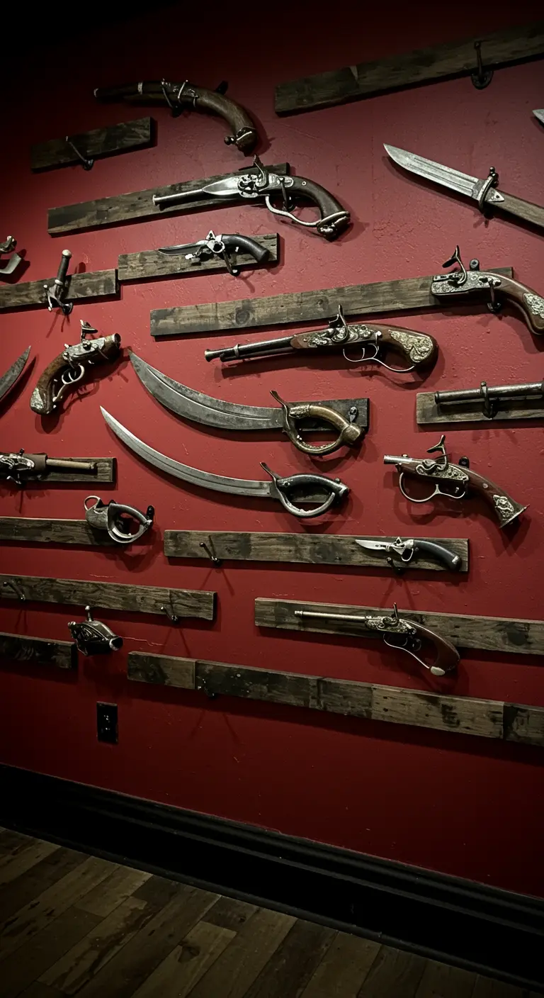 Mur rouge décoré d'une collection de pistolets et sabres de pirate anciens.