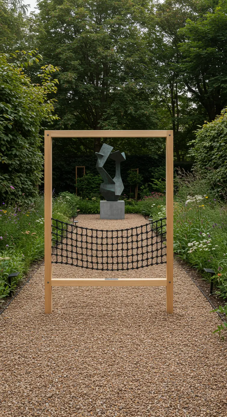 Cadre en bois clair avec un filet noir tendu, placé sur une allée de gravier, face à une sculpture abstraite verte dans un jardin verdoyant.