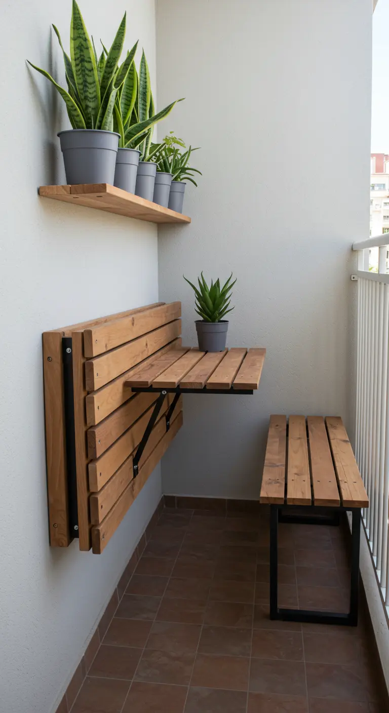Table et banc muraux pliants en bois sur un petit balcon.
