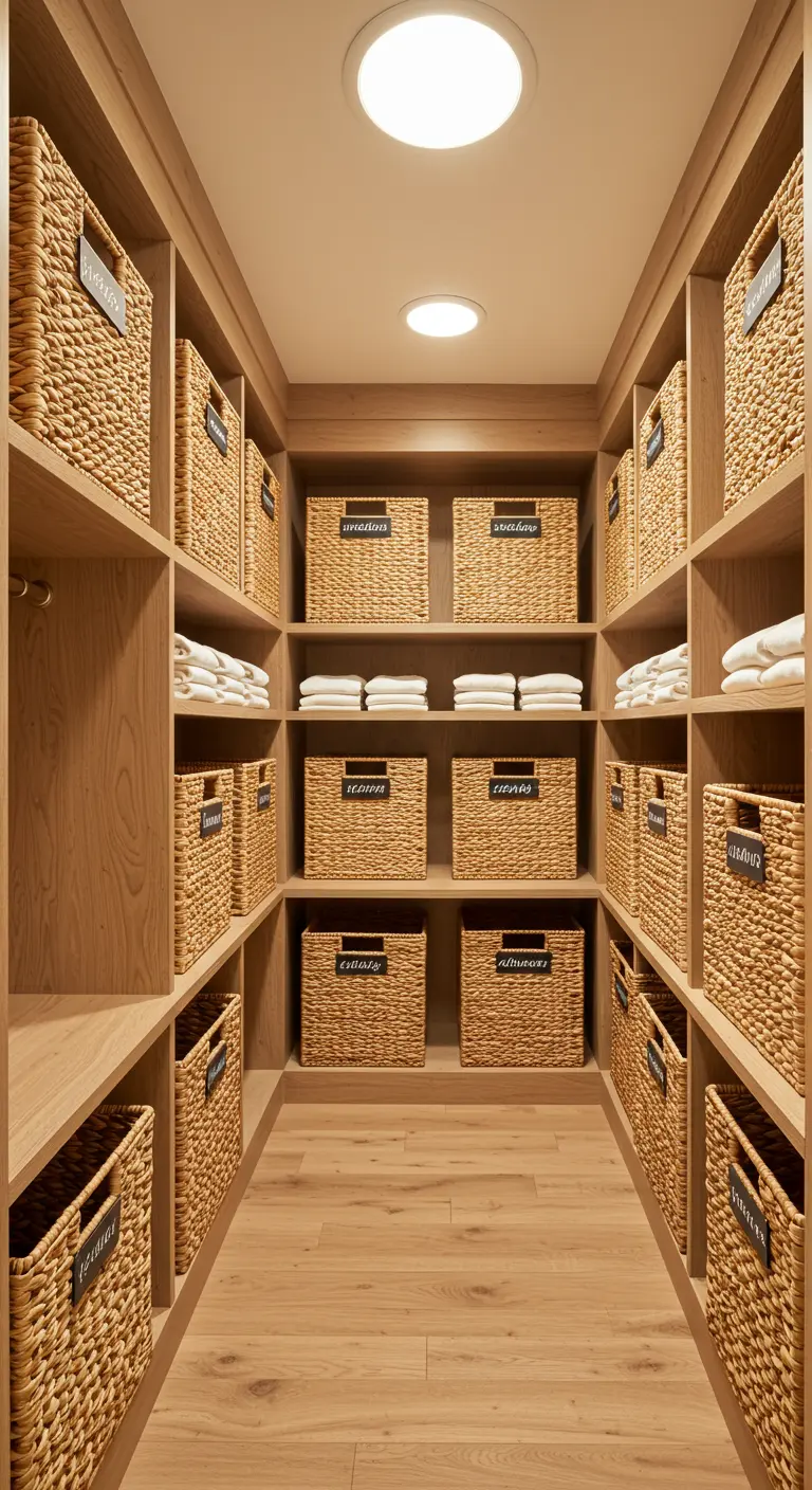 Dressing en bois clair avec des paniers en osier identiques sur chaque étagère.