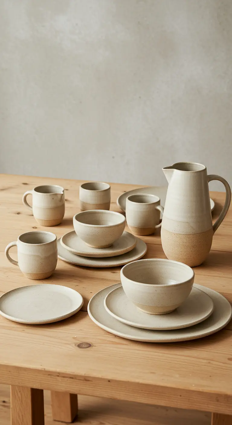 Assortiment de vaisselle artisanale en céramique bicolore sur une table en bois.