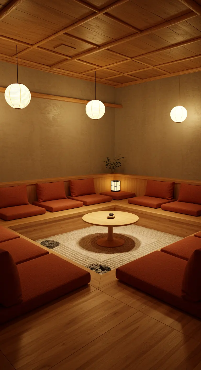 Salon Japandi enfoncé avec coussins orange, table basse ronde, mini jardin zen et lanternes.