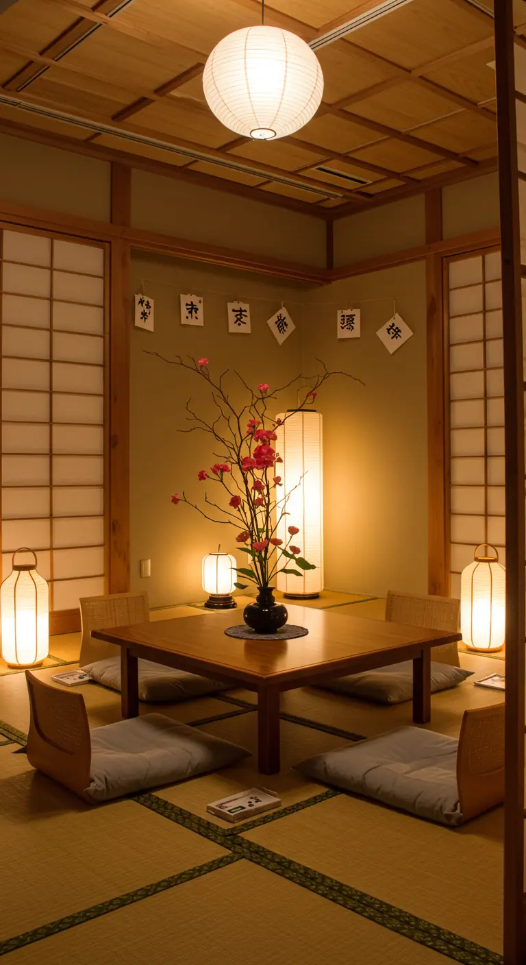 Ambiance japonaise avec table basse, coussins au sol et lanterne en papier.