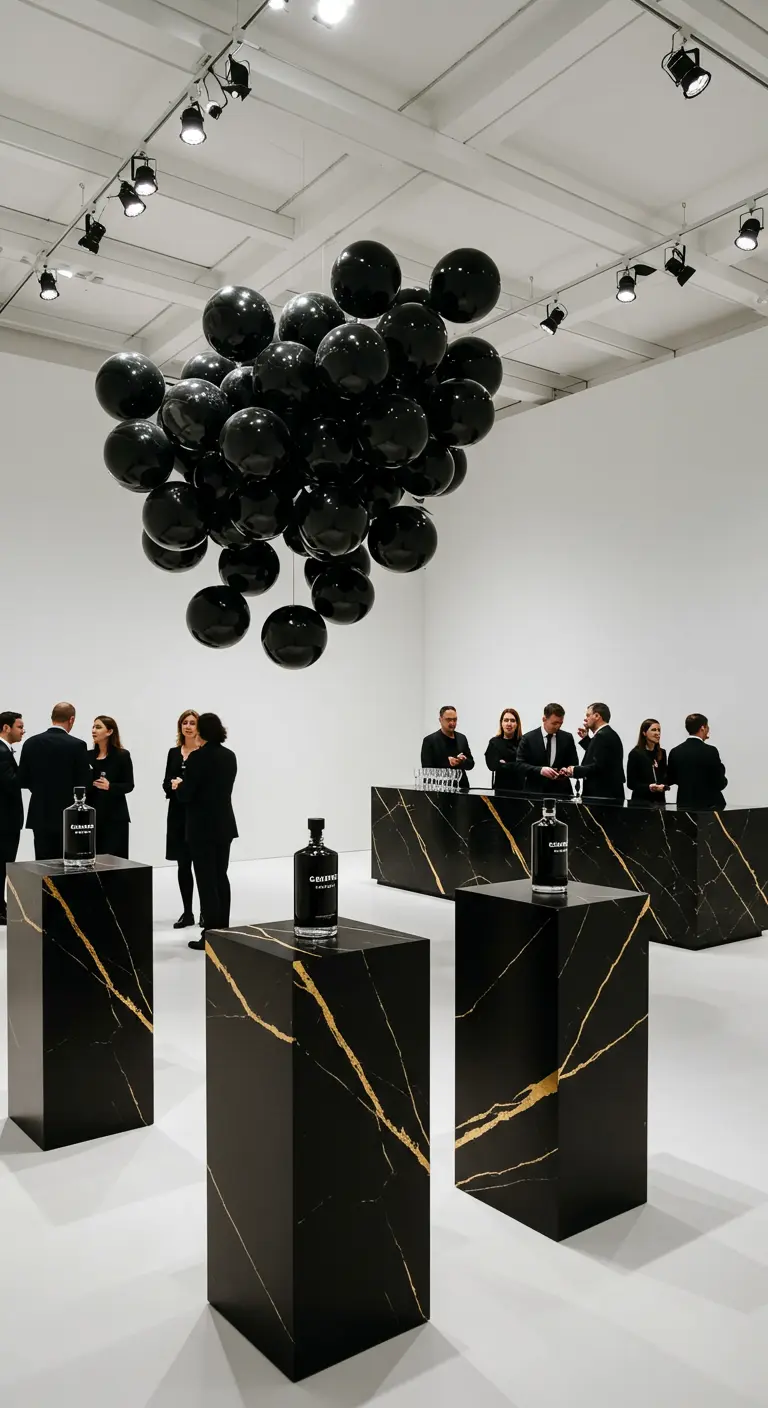 Installation artistique de ballons noirs suspendus dans une galerie blanche.