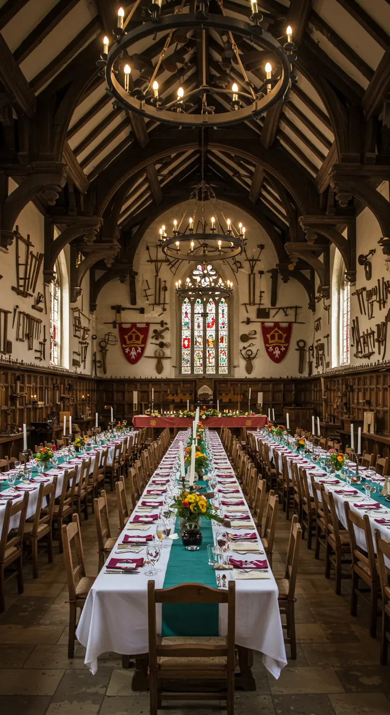 Longues tables de banquet dressées dans une salle voûtée avec des vitraux.