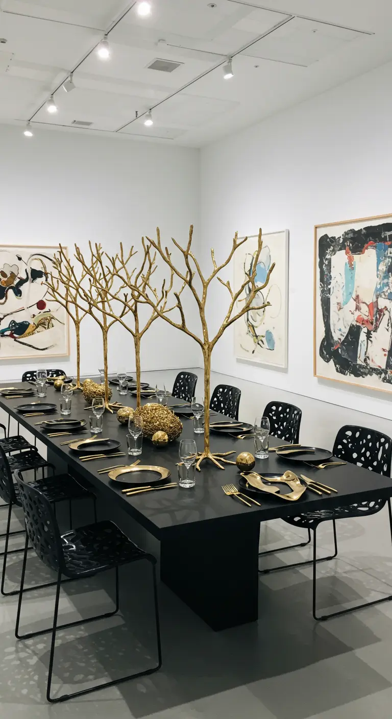 Table de dîner noire et or dans une galerie d'art, centres de table dorés.