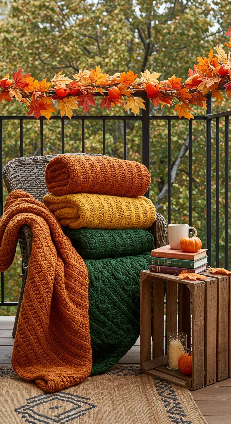 Chaise sur un balcon avec une pile de couvertures en tricot aux couleurs de l'automne.