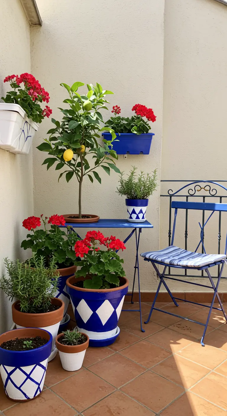 Coin de balcon méditerranéen avec pots peints en bleu et blanc, géraniums rouges et citronnier.