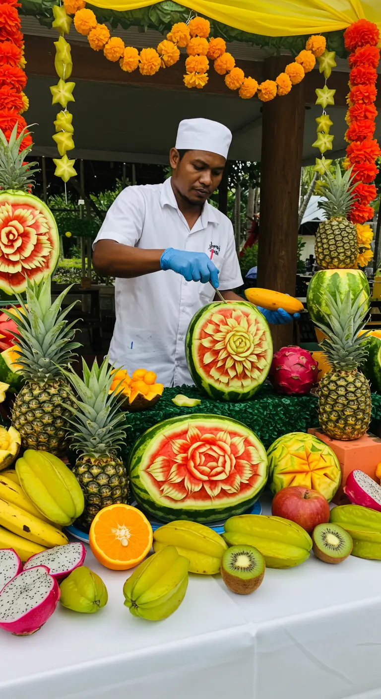 Chef sculptant des motifs floraux complexes dans des pastèques et des ananas.