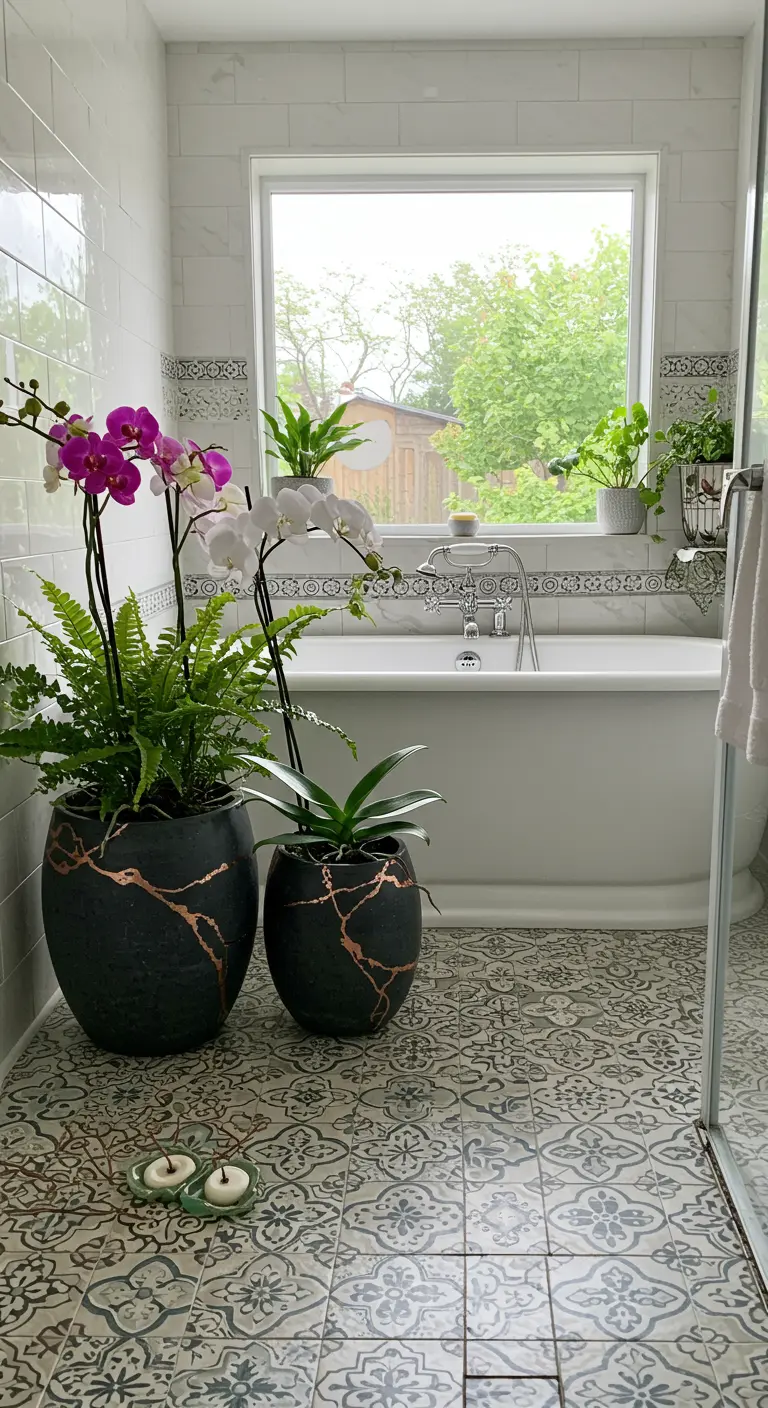 Pots de fleurs noirs avec des lignes dorées imitant le kintsugi dans une salle de bain.