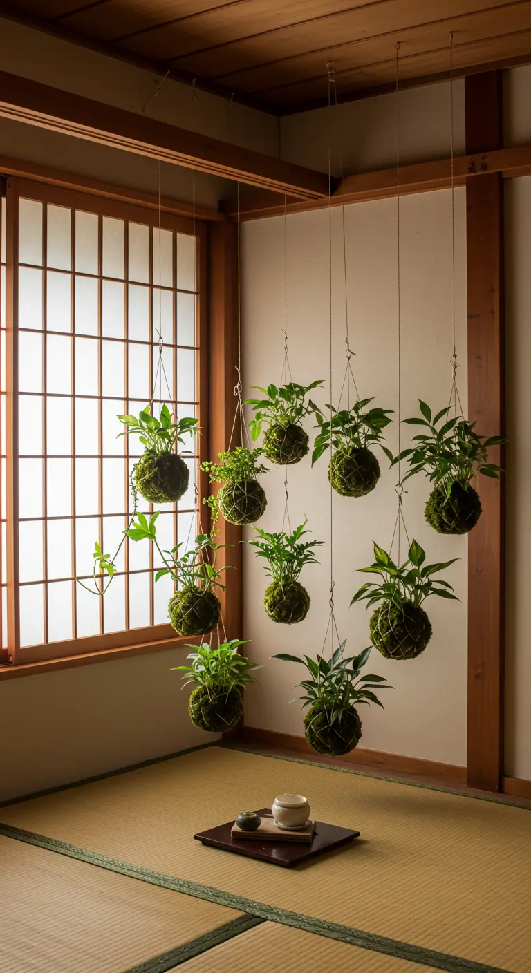 Plusieurs kokedamas (boules de mousse avec plantes) suspendus dans une pièce de style japonais.
