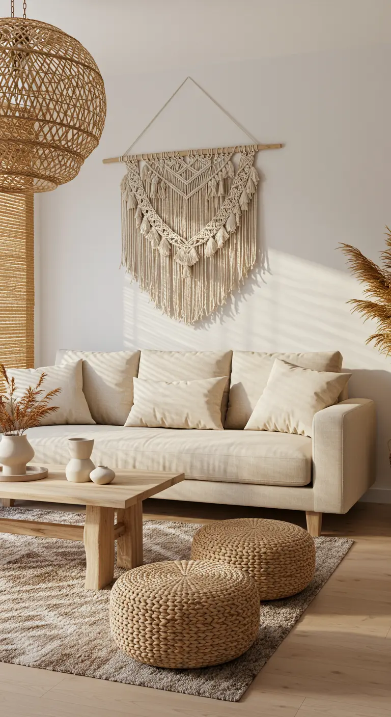Salon beige avec une grande tenture murale en macramé au-dessus du canapé.