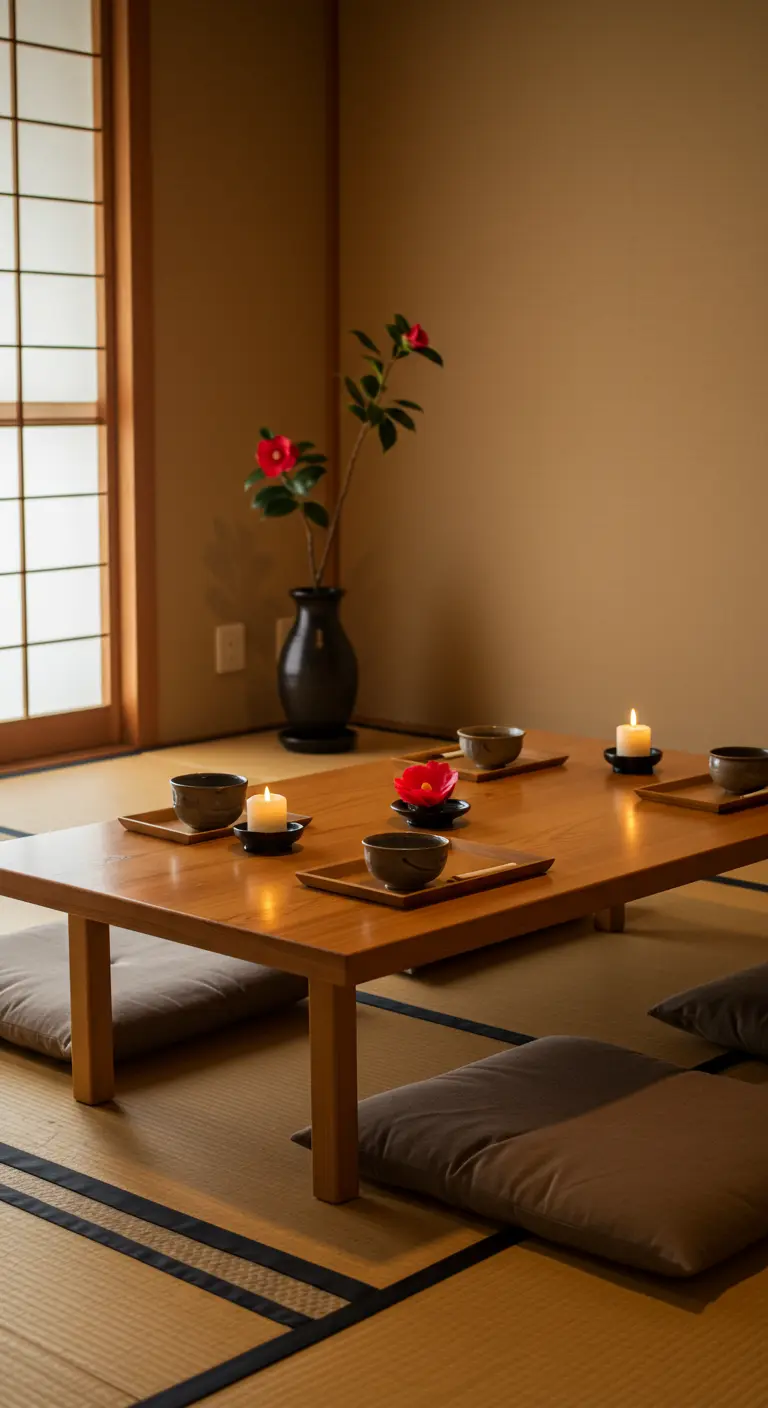 Table basse Japandi avec coussins de sol, tatamis, bols en céramique, bougies et fleur rouge.