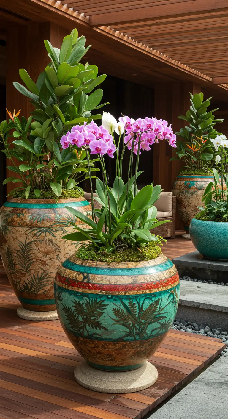 Terrasse en bois avec de grands pots en céramique peints de motifs de palmes et de feuillages tropicaux, garnis d'orchidées.