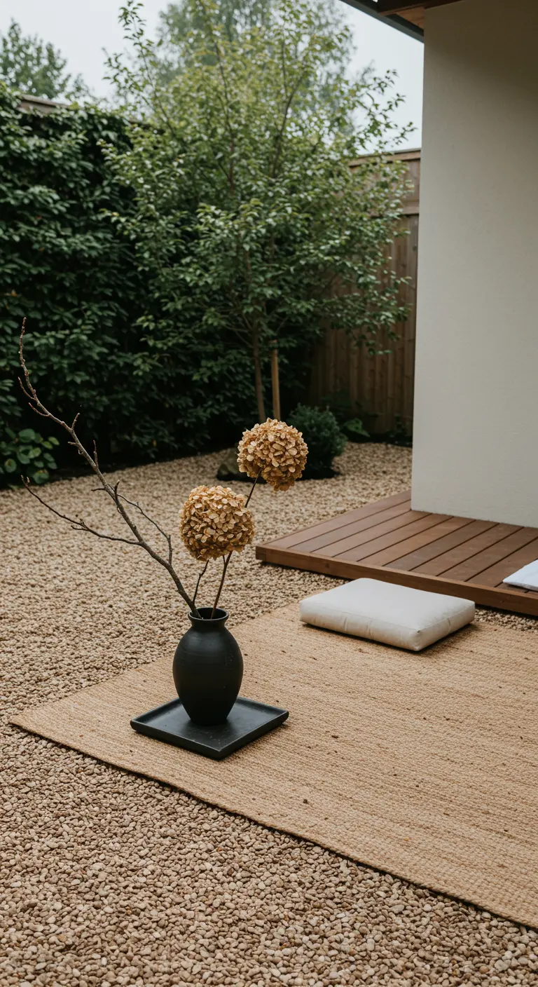 Jardin zen minimaliste avec un vase noir contenant des hortensias séchés et une branche.