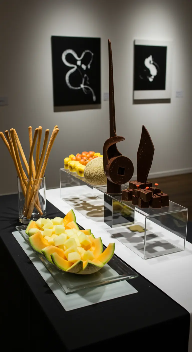 Exposition d'art culinaire avec sculptures en chocolat, fruits coupés et gressins sur des supports modernes.