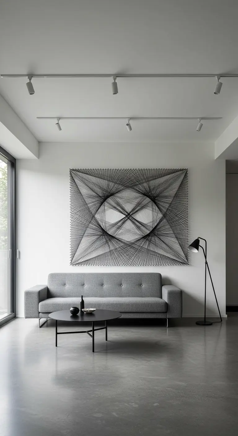 Grande œuvre de string art géométrique noir sur mur blanc derrière un canapé gris moderne.