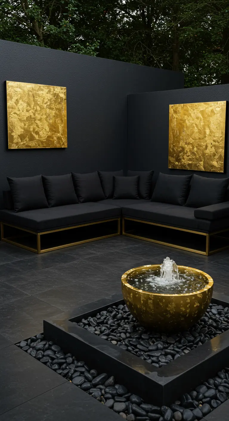 Patio sombre avec canapés noirs, œuvres d'art murales dorées et fontaine dorée.