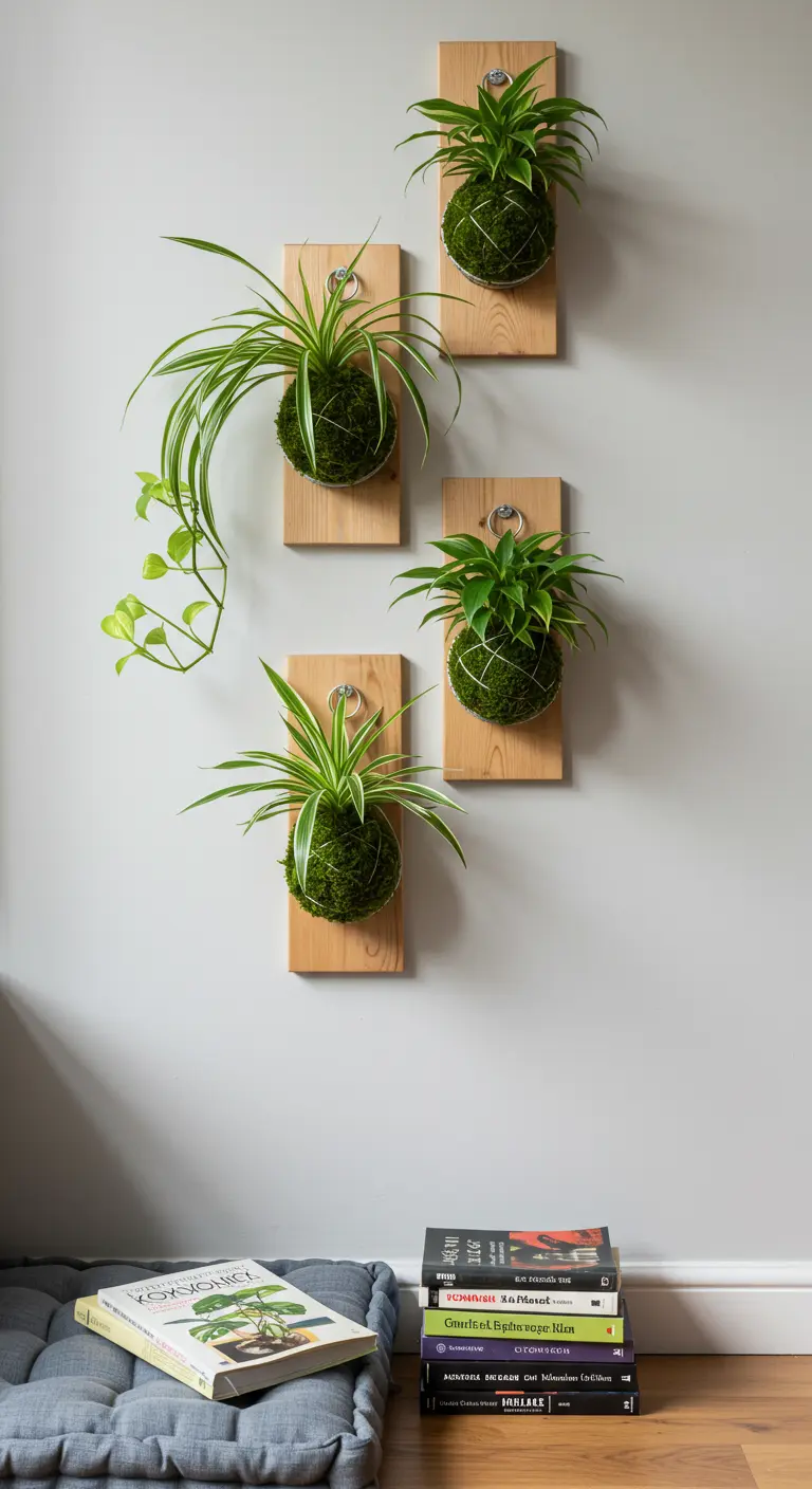 Quatre kokedamas de plantes araignées suspendus à des plaques de bois clair sur un mur blanc.