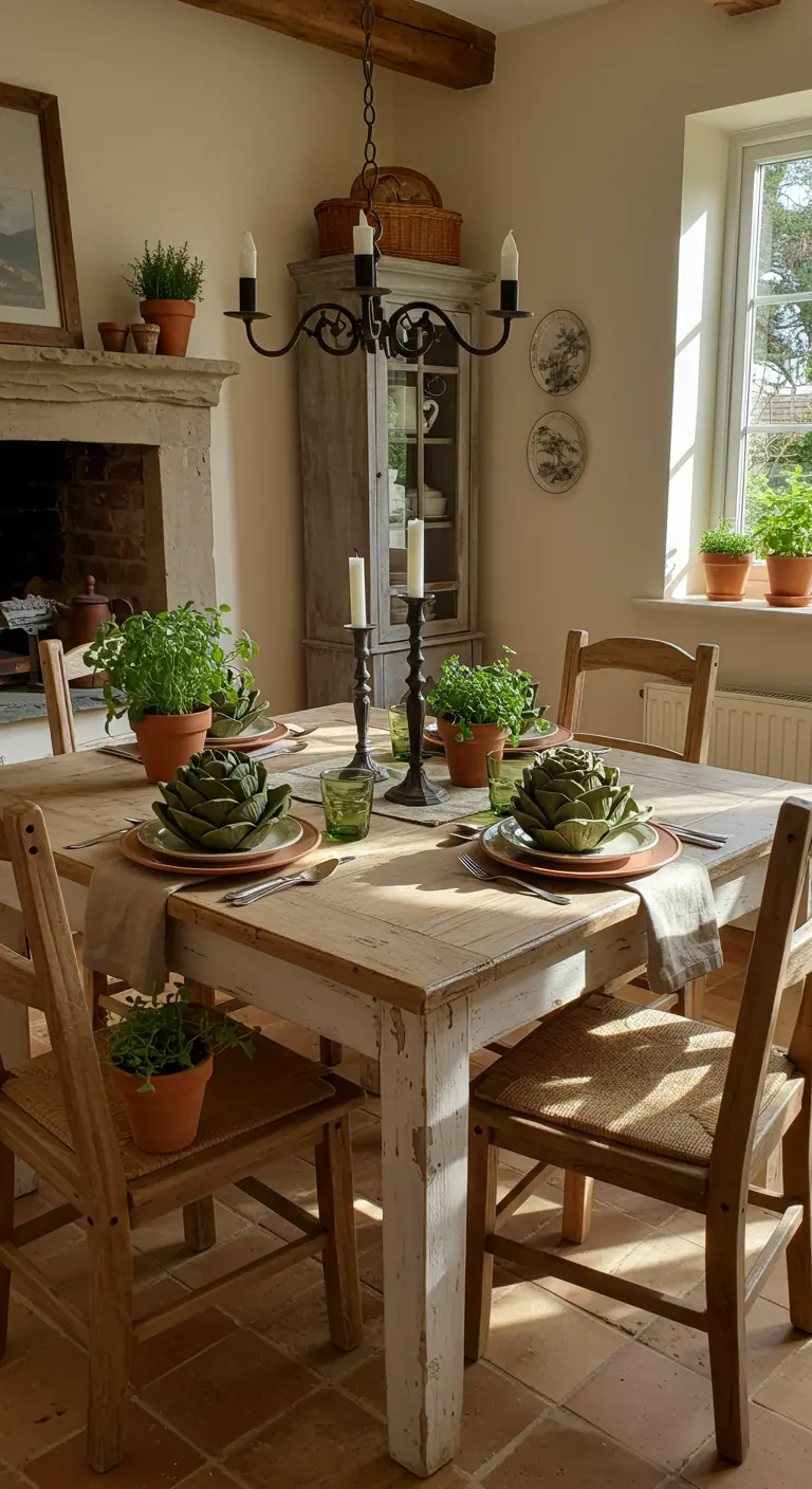 Table de salle à manger rustique avec des serviettes pliées en forme d'artichaut.