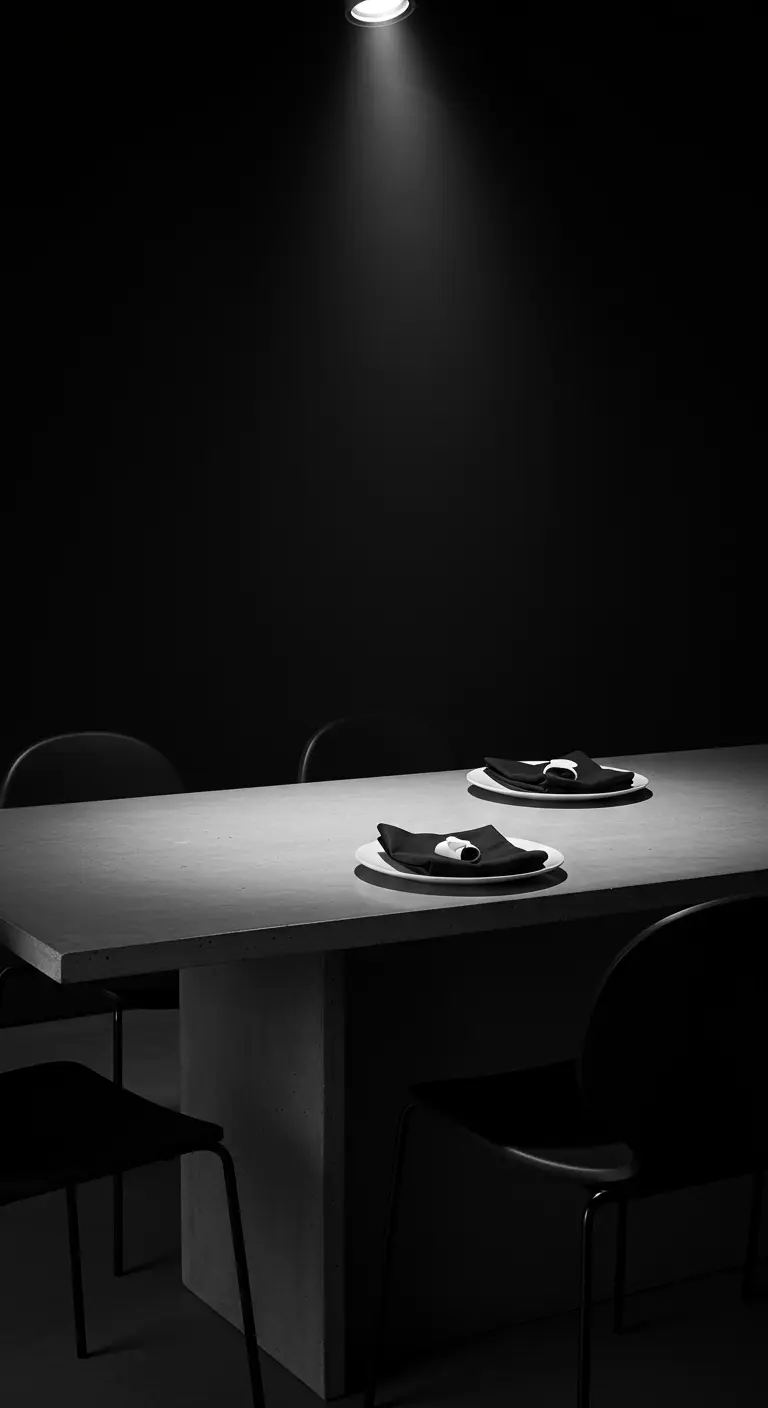 Table minimaliste dans le noir, éclairée par un spot, avec des serviettes noires et blanches.