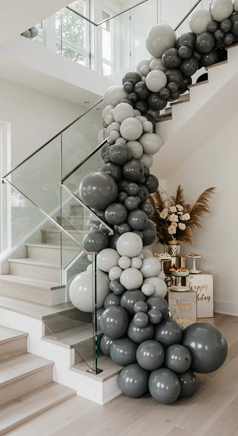 Longue guirlande de ballons en dégradé de gris qui descend le long d'une rampe d'escalier.