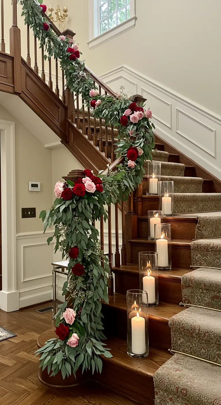 Rampe d'escalier décorée d'une longue guirlande de roses et d'eucalyptus.