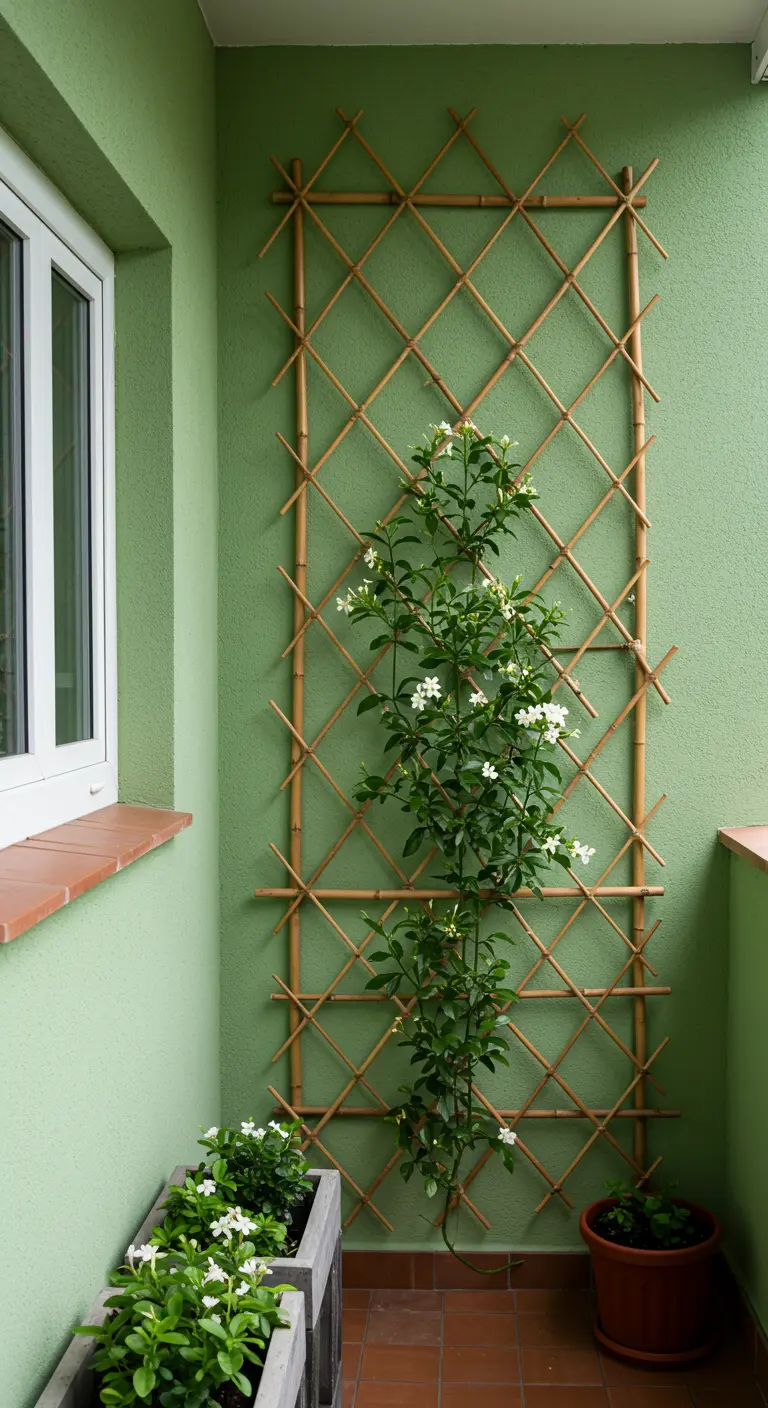 Treillis en bambou en forme de losange soutenant un jasmin en fleurs.