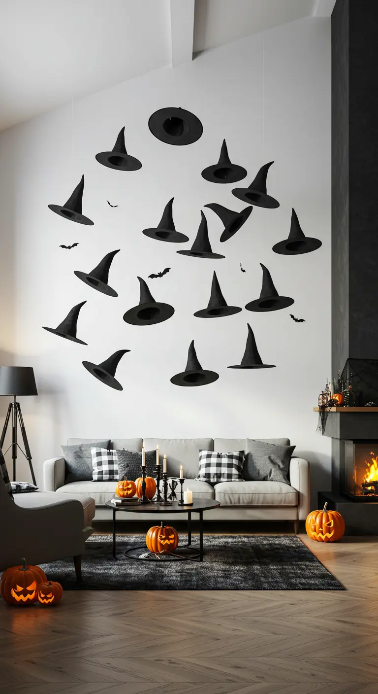 Plusieurs chapeaux de sorcière noirs semblent flotter dans les airs au-dessus d'un salon moderne.
