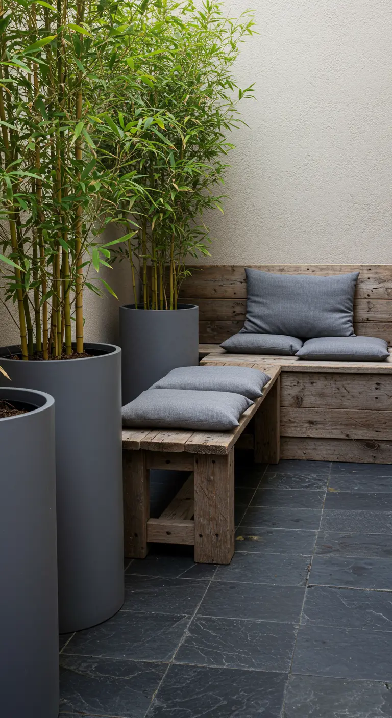 Banc en bois rustique et grands pots de bambou sur une terrasse en ardoise.